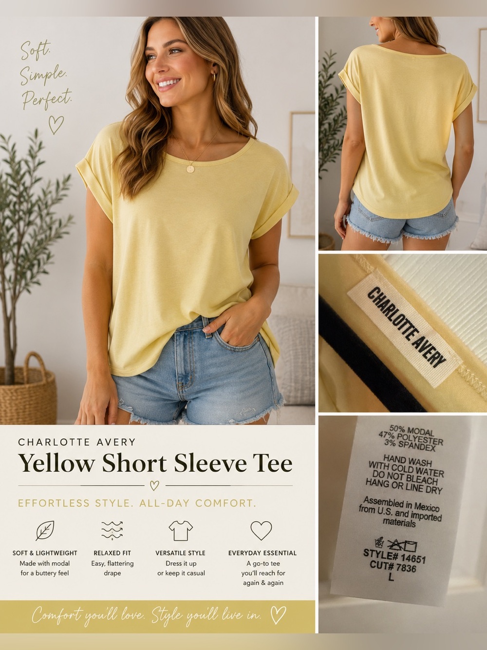 Charlotte Avery Yellow Short Sleeve Tee Size L